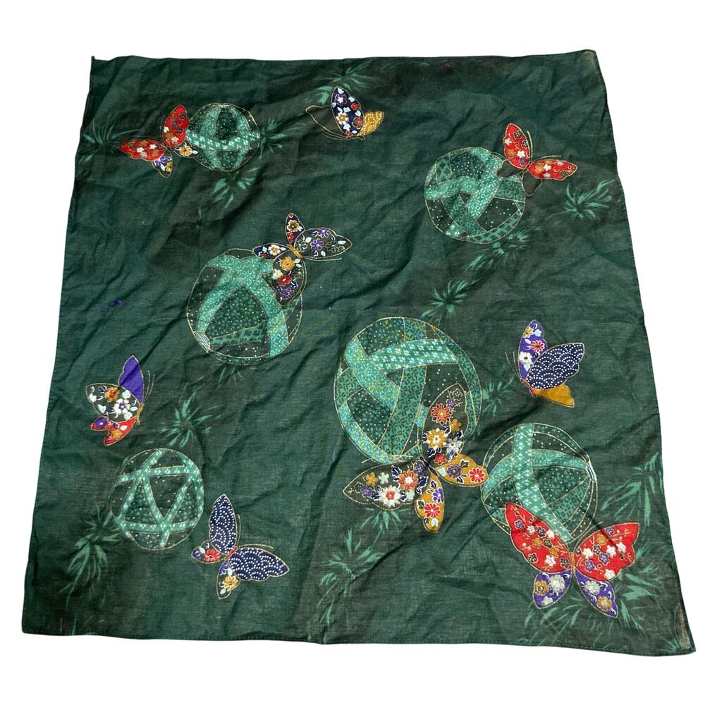 VTG Green Japanese Temari Chirimen Butterfly Print Scarf Wrapping Cloth Fairy